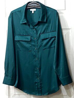 NEW Equipment Sz 2X Blouse Button Up Long Sleeve Satin Emerald Green Pockets
